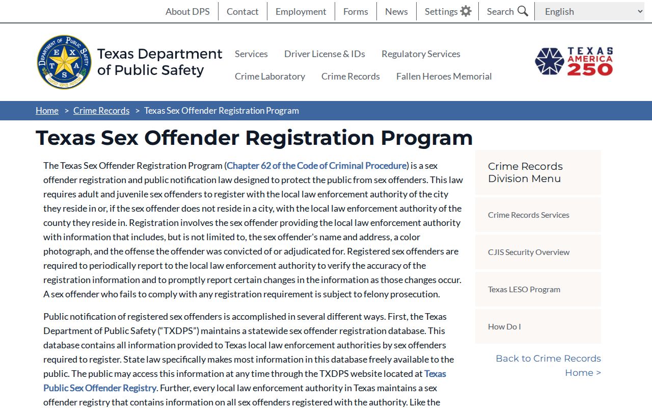 Texas DPS program details for a Comanche County sex offender lookup